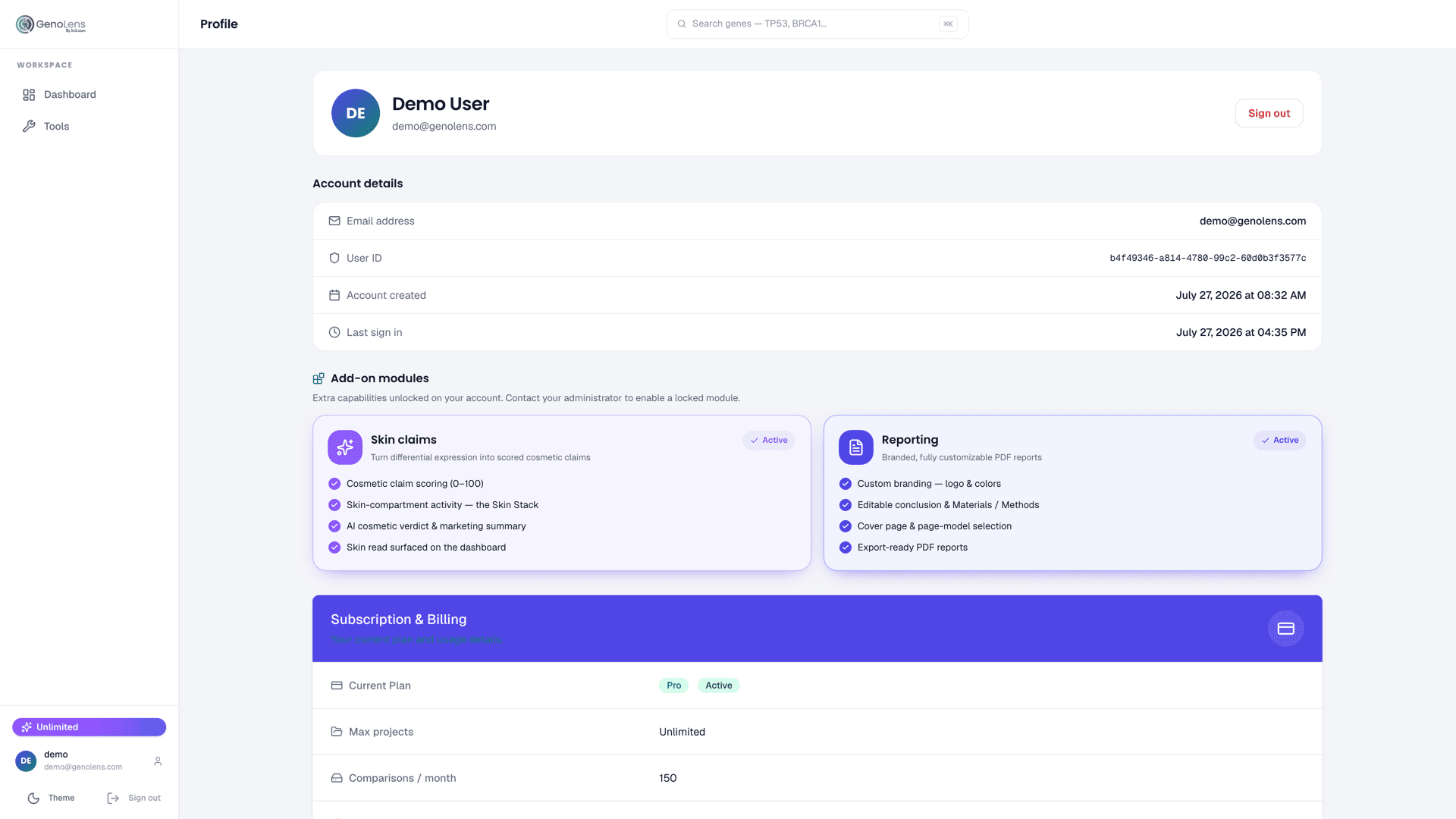The GenoLens profile page, showing an Add-on modules panel with Skin claims and Reporting marked Active, above the subscription and billing details.