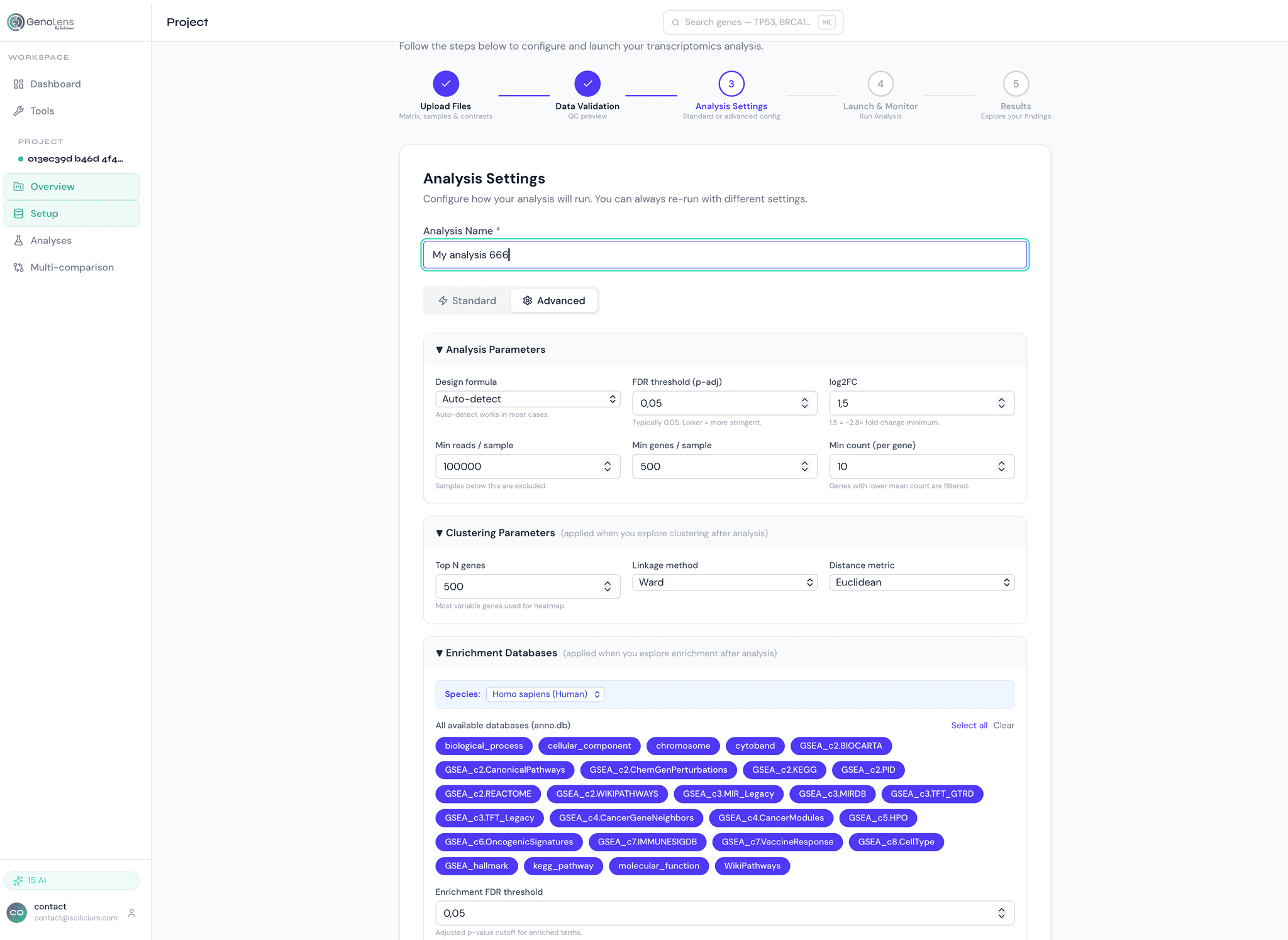 Analysis configuration: sample group builder, normalisation selector, DEG / clustering / enrichment toggles, cloud queue status indicators. Light interface.