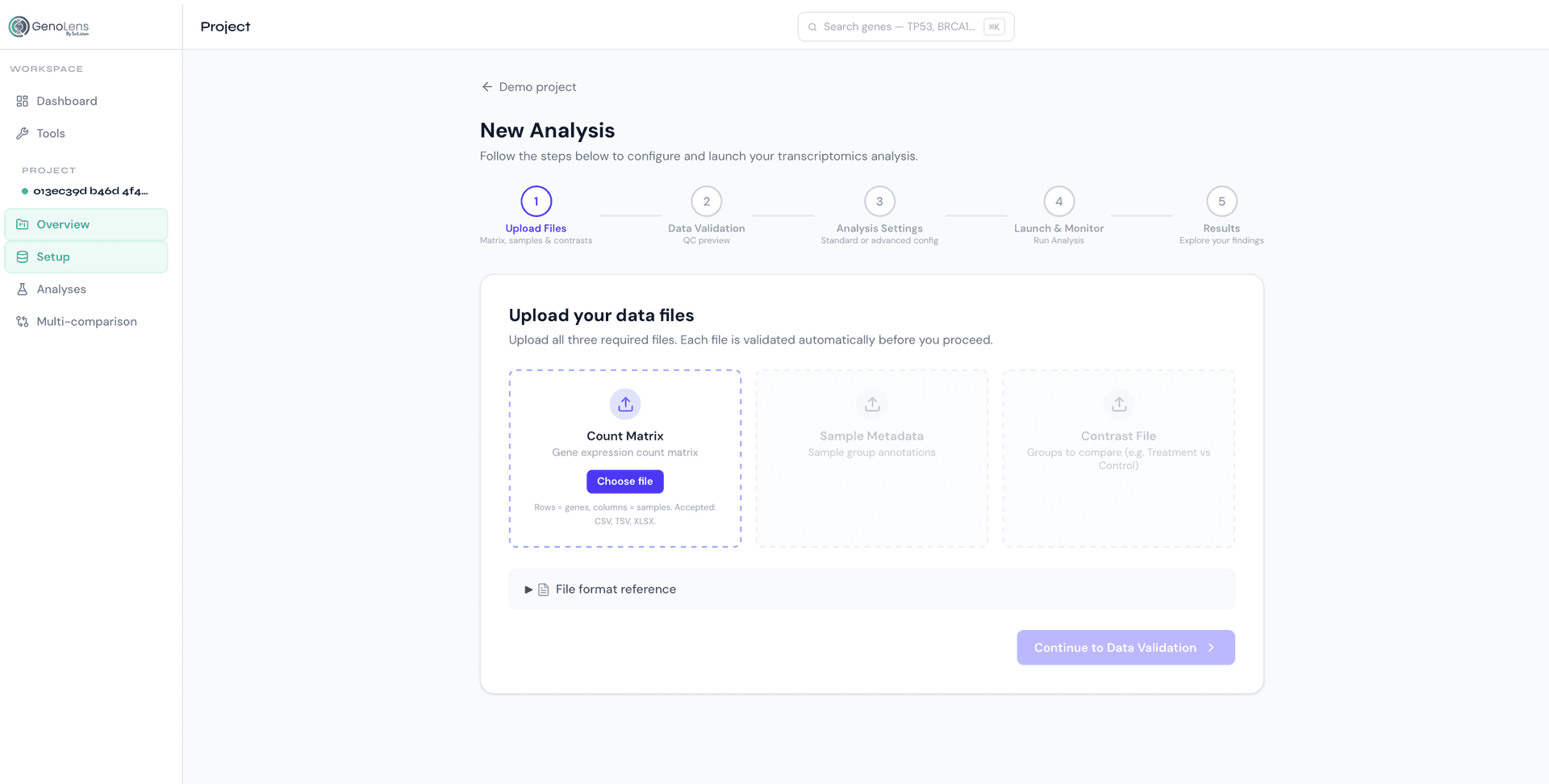 Upload panel: drag-and-drop zone, format auto-detection, gene identifier mapping preview, Parquet conversion progress bar. Light interface.