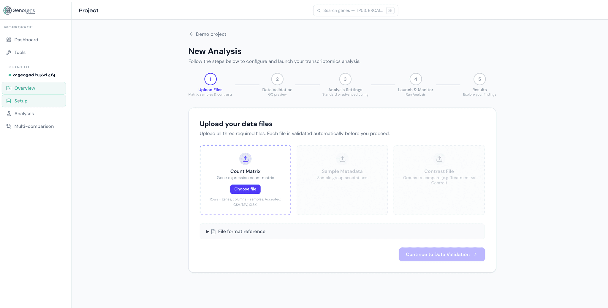Upload panel: drag-and-drop zone, format auto-detection, gene identifier mapping preview, Parquet conversion progress bar. Light interface.